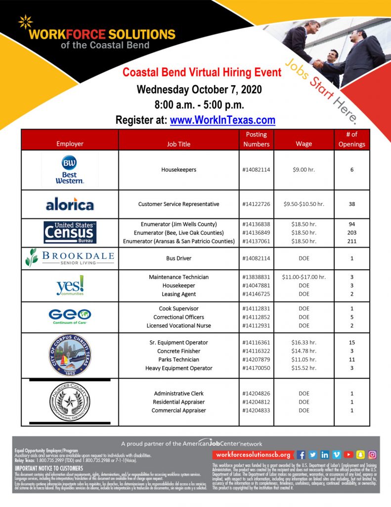 Join us at the Coastal bend Virtual Hiring Event on Wednesday, October 7, 2020 from 8:00 A.M. - 5:00 P.M. 16 Employers will be participating with many job opportunities. Register at www.workintexas.com