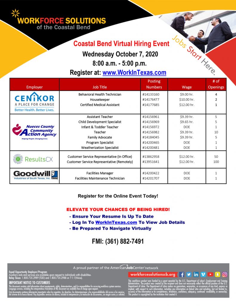 Join us at the Coastal bend Virtual Hiring Event on Wednesday, October 7, 2020 from 8:00 A.M. - 5:00 P.M. 16 Employers will be participating with many job opportunities. Register at www.workintexas.com