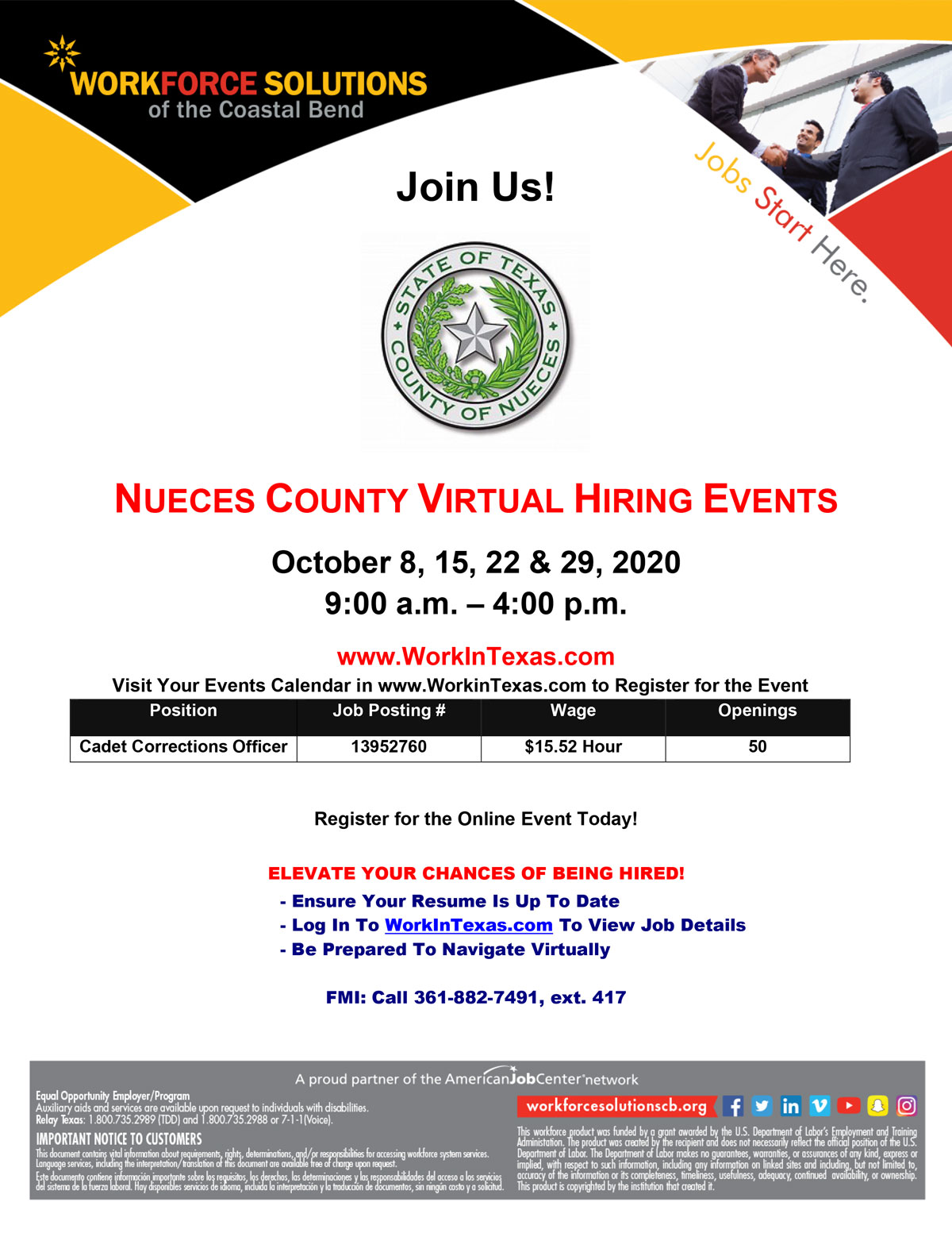 Nueces County Virtual Hiring Events. October 8th, 15th, 22nd & 29th, 2020 from 9:00 A.M. - 4:00 P.M. Register at www.workintexas.com using job posting number 13952760. There are 50 job openings for the position cadet corrections officer. 