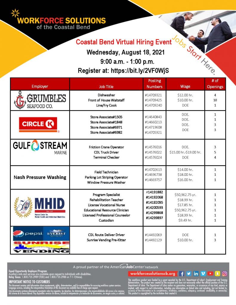 Coastal Bend Virtual Hiring Event. August 18th from 9:00am - 1:00 pm. Click below to register.