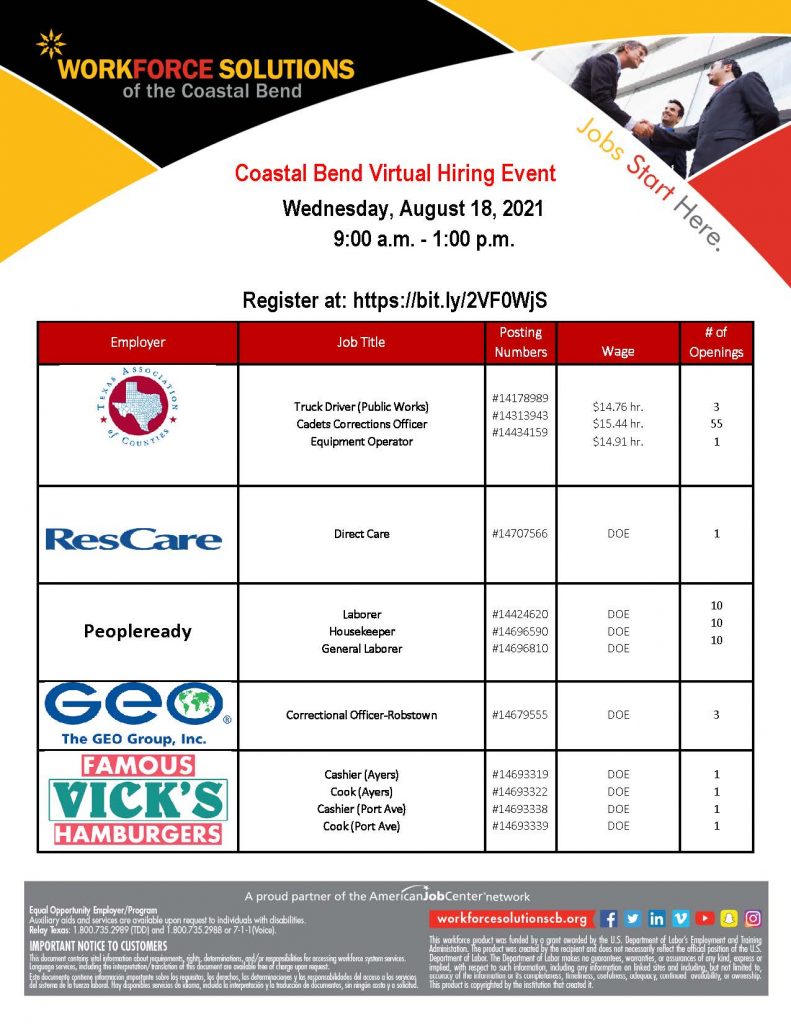 Coastal Bend Virtual Hiring Event. August 18th from 9:00am - 1:00 pm. Click below to register.