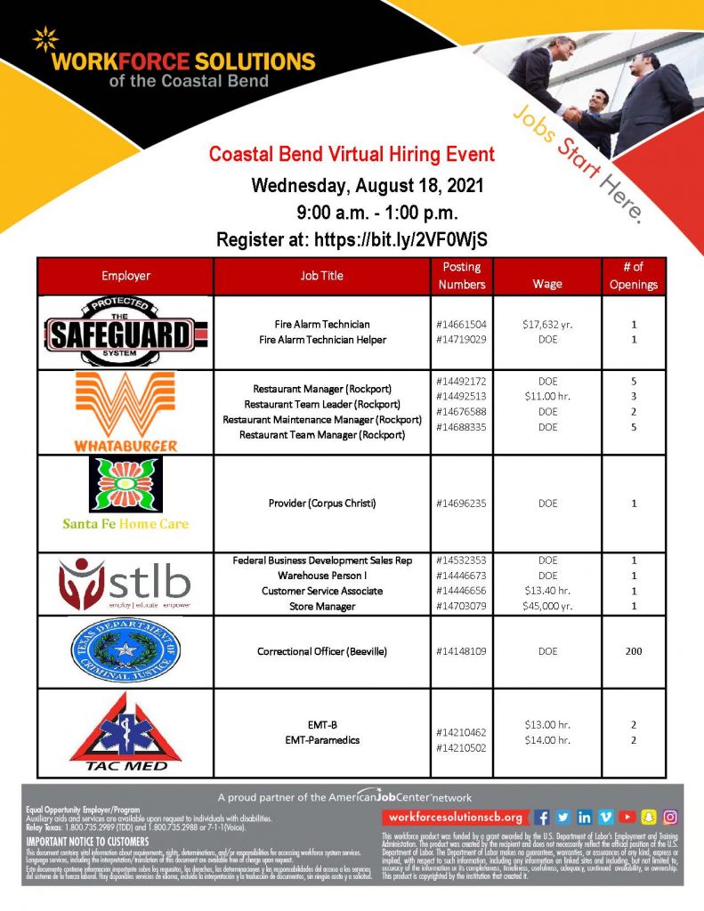 Coastal Bend Virtual Hiring Event. August 18th from 9:00am - 1:00 pm. Click below to register.