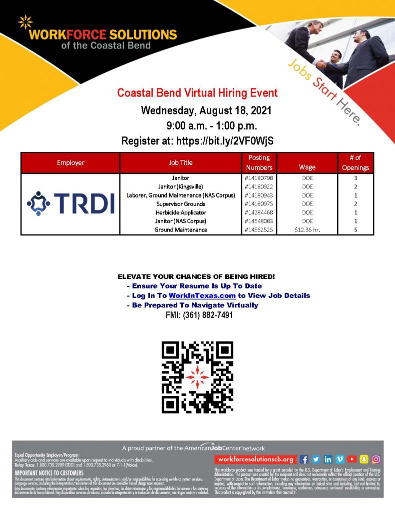 Coastal Bend Virtual Hiring Event. August 18th from 9:00am - 1:00 pm. Click below to register.