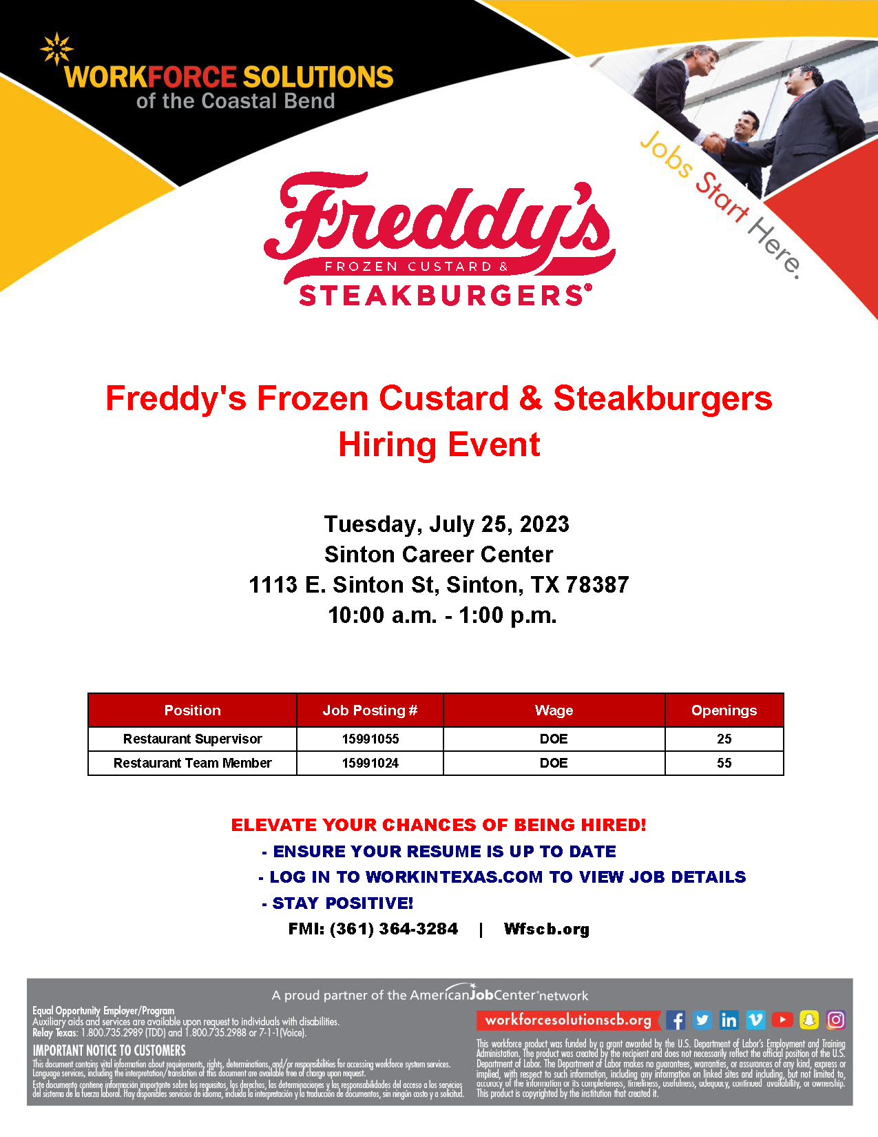 Freddys Frozen Custard Hiring Event Flier 07.25.23