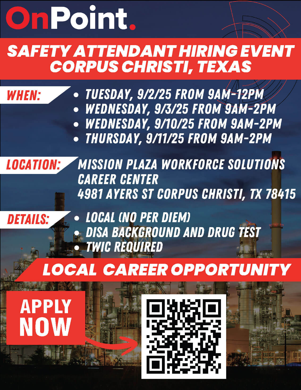 Safety Attendant - OnPoint - Now Hiring Flyer for Print - Corpus